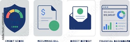 Financial icons representing credit score, bills, reports, and dashboards for business.