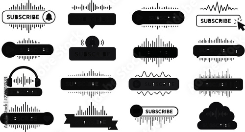 Collection of black and white subscribe buttons and audio waveform elements for digital media.