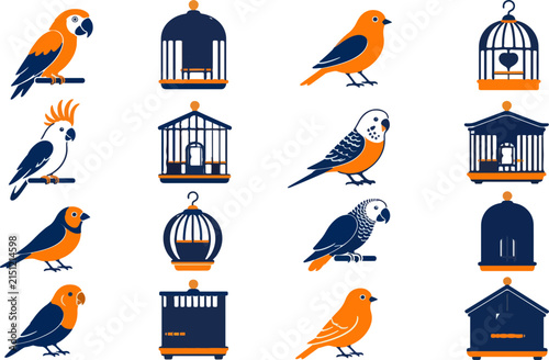 Collection of colorful birds and decorative birdcages in a flat graphic style.