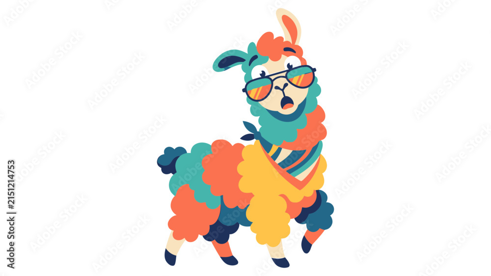 Naklejka premium Cool funny colorful llama cartoon character wearing sunglasses isolated vector illustration animal