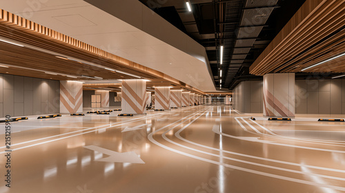 
A pristine empty modern underground parking garage with a glossy warm beige epoxy floor