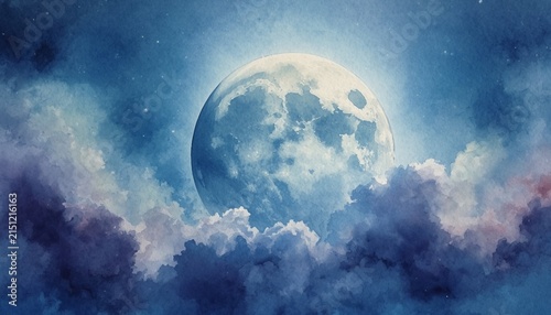 Watercolor full moon shining brightly through blue clouds