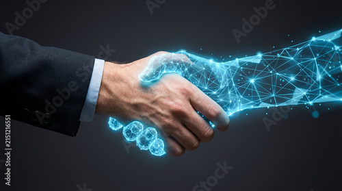 Businessman hand shaking with glowing digital polygon network AI hand