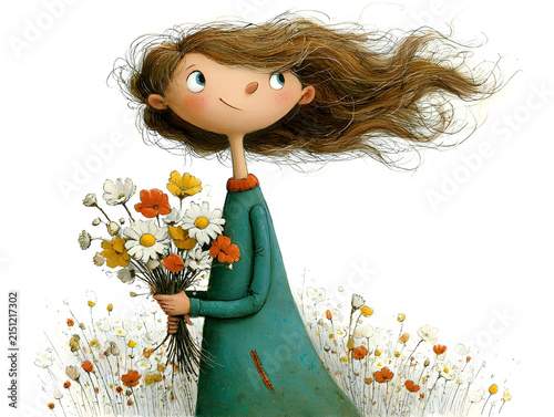 Young girl enjoying nature, holding a bouquet of wildflowers with her long brown hair blowing in the wind, depicting innocence, happiness, and a carefree childhood moment
