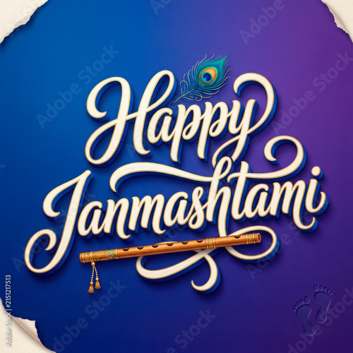 Happy janmashtami greeting card with traditional flute and peacock feather on generated using ai