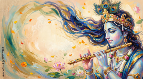 Artistic painting of lord krishna playing the flute with peacock feather and generated using ai