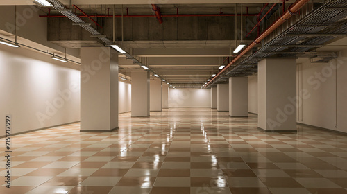A clean empty underground basement or commercial utility space with smooth off-white walls