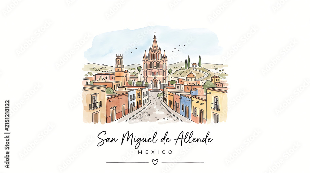 Fototapeta premium Charming watercolor depiction of San Miguel de Allende's vibrant cityscape with historic architecture and colorful buildings in