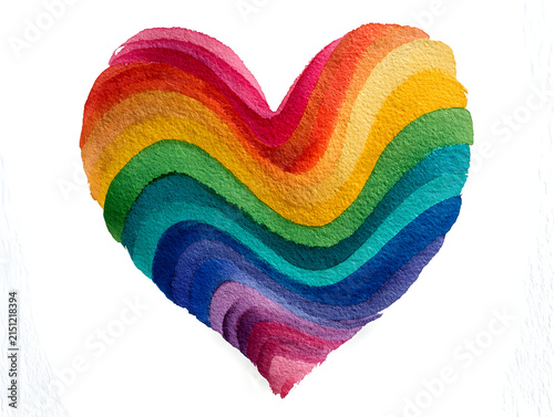 Rainbow heart shape painted with vibrant colors, illustrating love, diversity, and inclusion with a brushstroke watercolor texture on white background