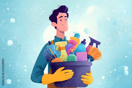 Male janitor figure holding a bucket full of cleaning supplies, including spray bottles, brushes, and sponges, for professional or domestic cleaning tasks