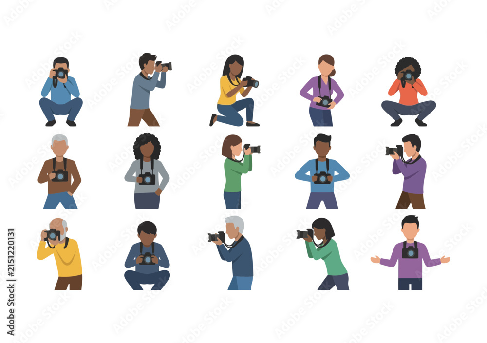 Fototapeta premium Collection of diverse cartoon photographers in various poses and positions presented as a stylized graphic silhouette