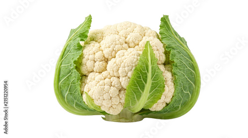 Cuadro en lienzo Fresh cauliflower head with vibrant green leaves isolated on a white background