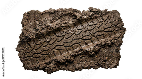Photography Muddy tire track imprint on a chunk of earth, detailed texture and pattern