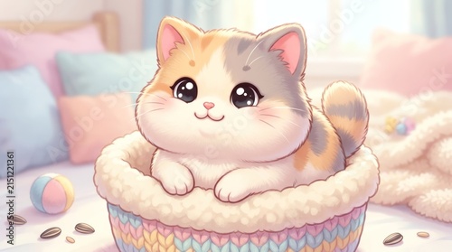 A cute, fluffy cat sitting in a cozy, knitted basket with a colorful, pastel-colored blanket and a pink pillow in the background.