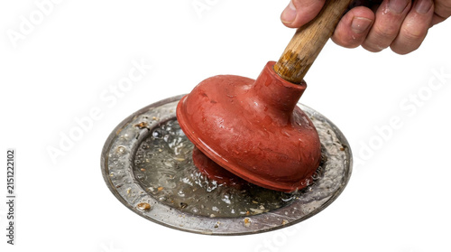 Fotografie Hand using a red plunger to clear a clogged sink drain with dirty water