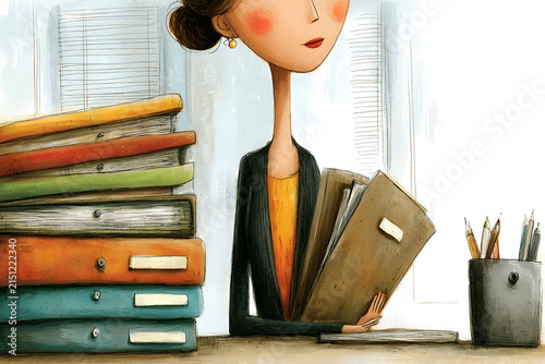 Businesswoman managing heavy workload and paperwork, organizing multiple files and documents at office desk, dealing with administrative tasks and stress