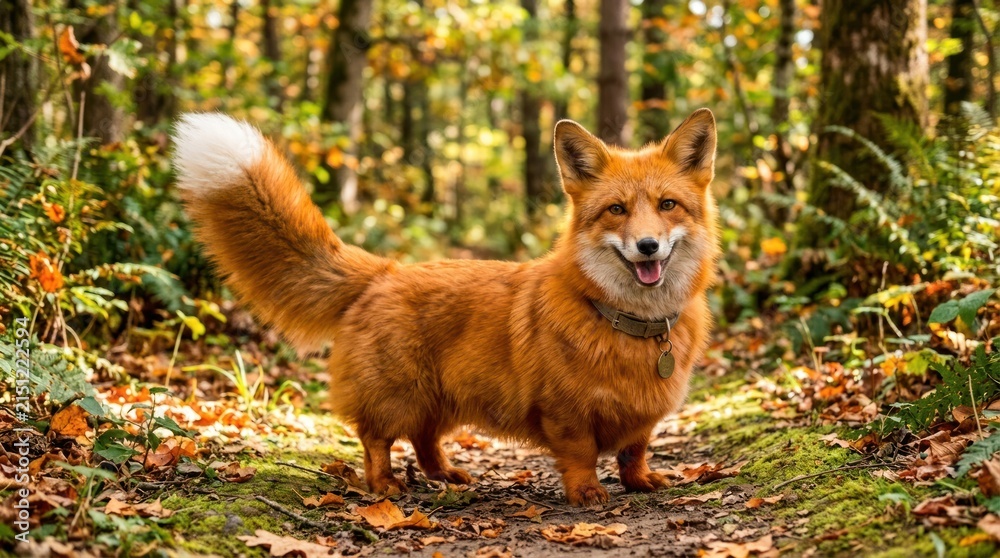Fototapeta premium A red fox standing in a forest with autumn leaves.