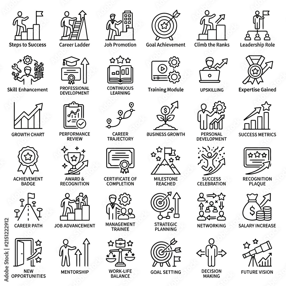 Fototapeta premium Professional Career Advancement and Success Growth Outline Icon Set Illustrating Workplace Development and Corporate Achievement Milestones