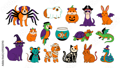 фотографія Set of cute cartoon pets wearing various halloween costumes including spider dog