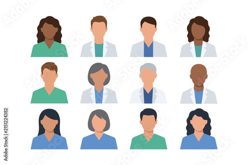 Set of diverse medical professionals and doctors in flat vector style isolated on white background