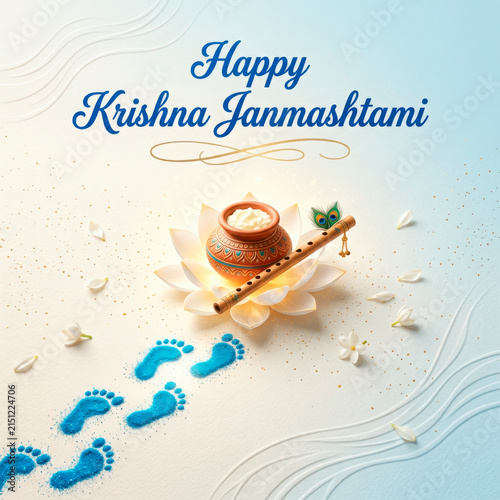 Happy krishna janmashtami greeting with a clay pot of butter, flute, and blue generated using ai