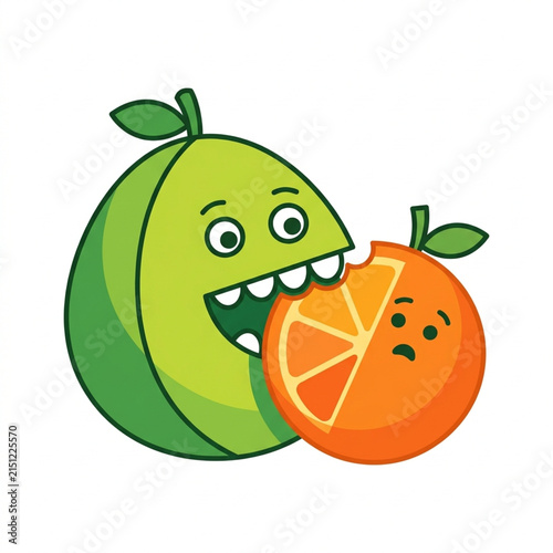 Funny pomelo character biting an orange. Cartoon fruit mascot with a playful expression.