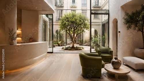 Interior courtyard view showcases a modern reception area with natural light