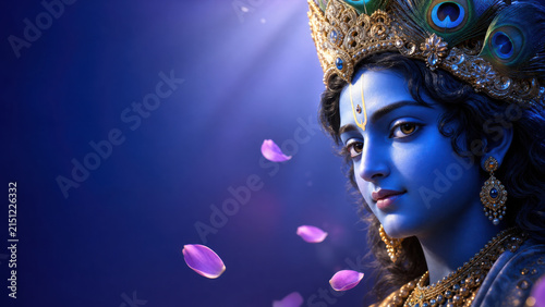 Close up portrait of lord krishna with blue skin, peacock feather crown, and generated using ai