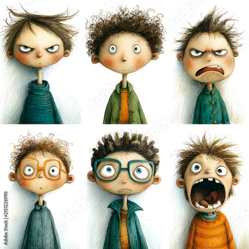 Young boys expressing a range of emotions including anger, surprise, worry, and screaming, showing different childish facial expressions with messy hair and big glasses