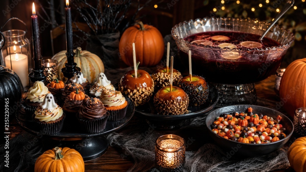 Naklejka premium Halloween party dessert table spread with cupcakes and punch