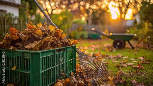 Rake and basket full of autumn leaves in the a lawn , autumn leaves in the garden, raking leaves in the garden, raking autumn leaves, wheelbarrow in a garden, wheelbarrow with autumn leaves, wheelbarr