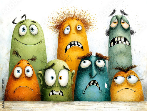 Group of colorful cartoon monsters showing various emotions from happiness to sadness, scaring, and confusion, creating an expressive character illustration