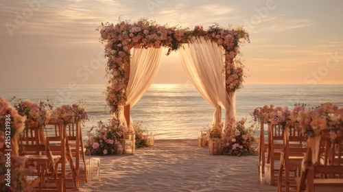 Romantic beach wedding altar with floral arch at sunset, elegant seaside ceremony setup with wooden chairs and ocean view