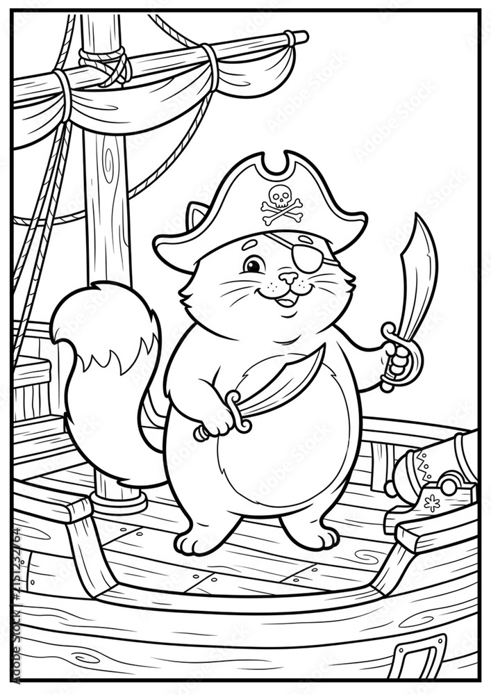 Naklejka premium A cheerful chubby cat captain proudly standing on the deck of a pirate ship.