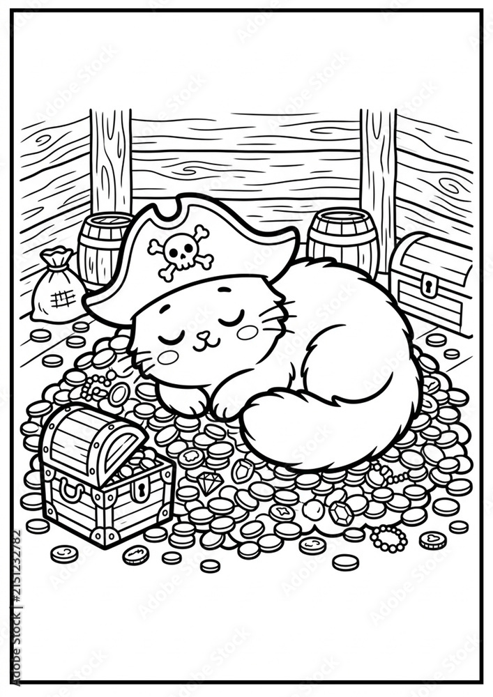 Naklejka premium A sleepy pirate cat takes a cozy nap on its treasure.