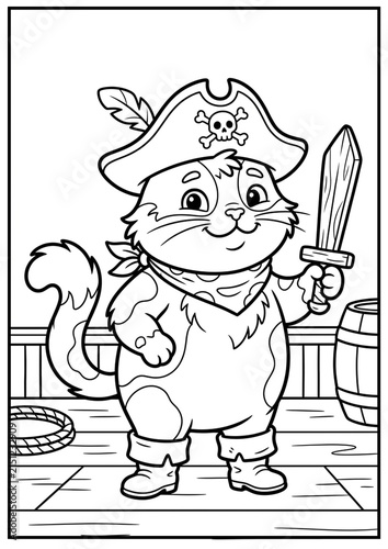 A playful pirate cat practices with a harmless wooden sword.