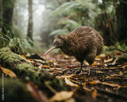 Kiwi Bird Foraging in a Misty Forest Floor flightless bird