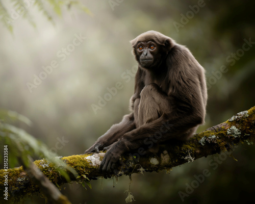 Monkey Sitting on a Mossy Tree Branch in Fog primate