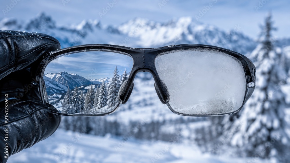 Fototapeta premium Anti-fog sports glasses demonstration in snowy mountains