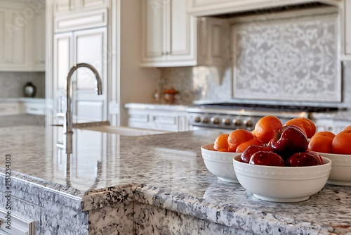 Closeup of a kitchen island with white granite countertops and a bowl of fresh fruit in a luxury home