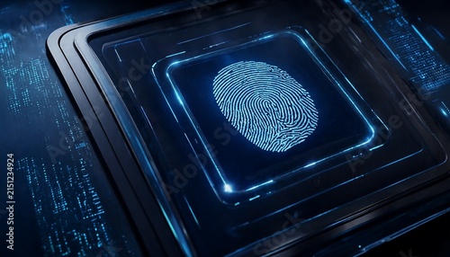 Glowing blue fingerprint icon on a computer processor chip representing digital security and biometric data