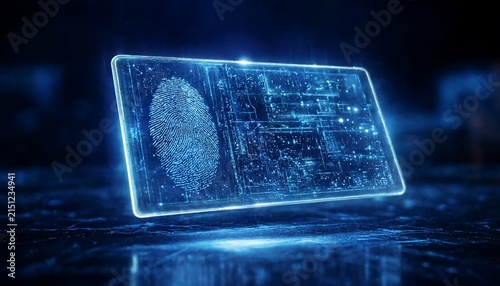 Digital tablet showing glowing blue fingerprint scanner and electronic circuit board security data visualization