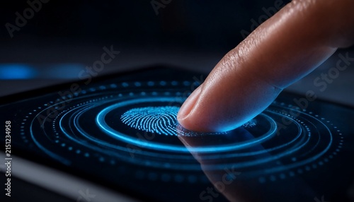 A human finger scanning a digital fingerprint on a glowing blue screen for secure personal data verification