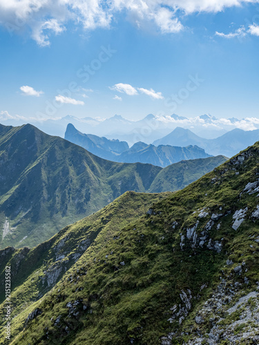 Panoramic alpine ridge with green grassy slopes and layered distant peaks under clear blue sky - Berner Oberland