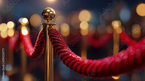 Golden stanchion with red velvet rope, red carpet and lights, red carpet of gold