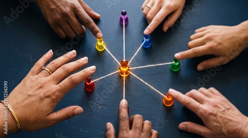 Diverse group of hands gathering around table connecting colored game pieces with string representing network collaboration teamwork and community building professional project.