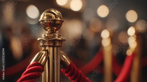 Golden stanchion with red velvet rope, red carpet and lights, red carpet of gold