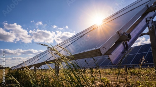 Ground level view of solar panels basking in bright sun with lens flare, tall grass in foreground and blue sky with clouds.