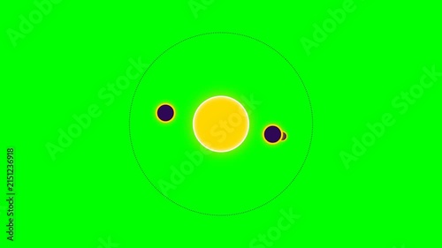 A stylized planetary system diagram set against a vibrant green background
