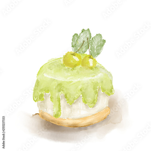 Watercolor illustration of a mini matcha cake dessert topped with green glaze and yellow cherries isolated on white background